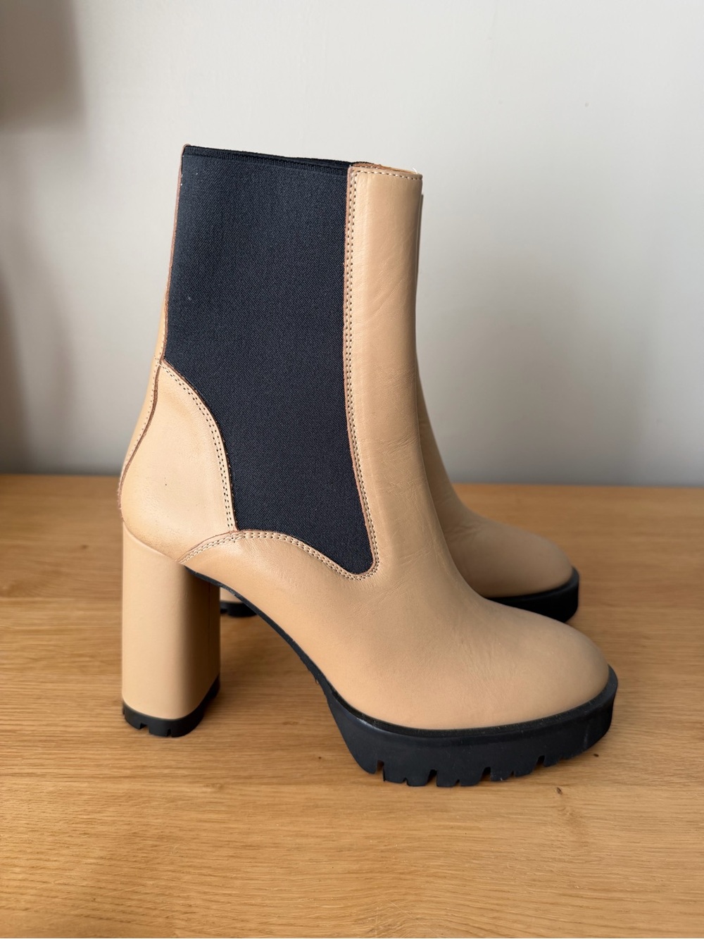 ATP Atelier Tan Leather Chelsea Block Heel Booties with Black Elastic